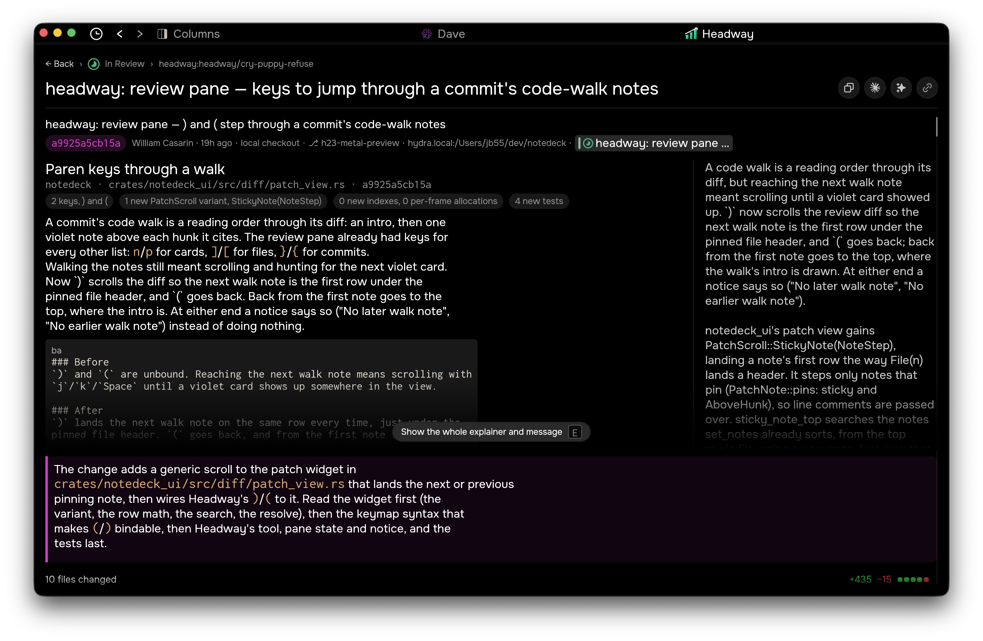 The review pane today: three near-identical titles, a byline with branch and path, src line, fact pills, a raw ba fence and a peek pill over code